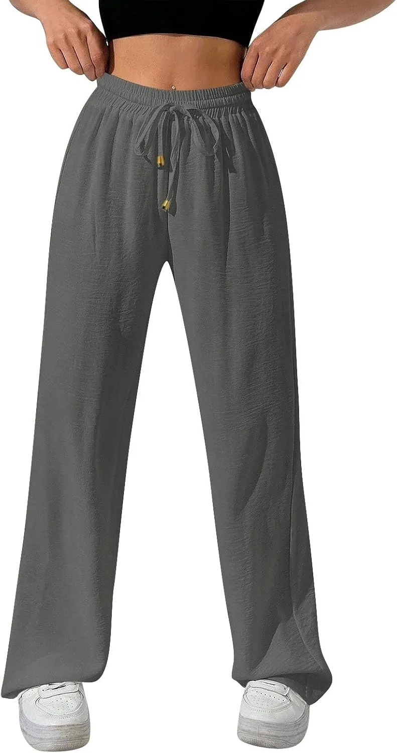 Wide Leg Pants Women Casual Linen Pants Drawstring Elastic Waist Summer Cute Pant Lounge Trouser with Pockets