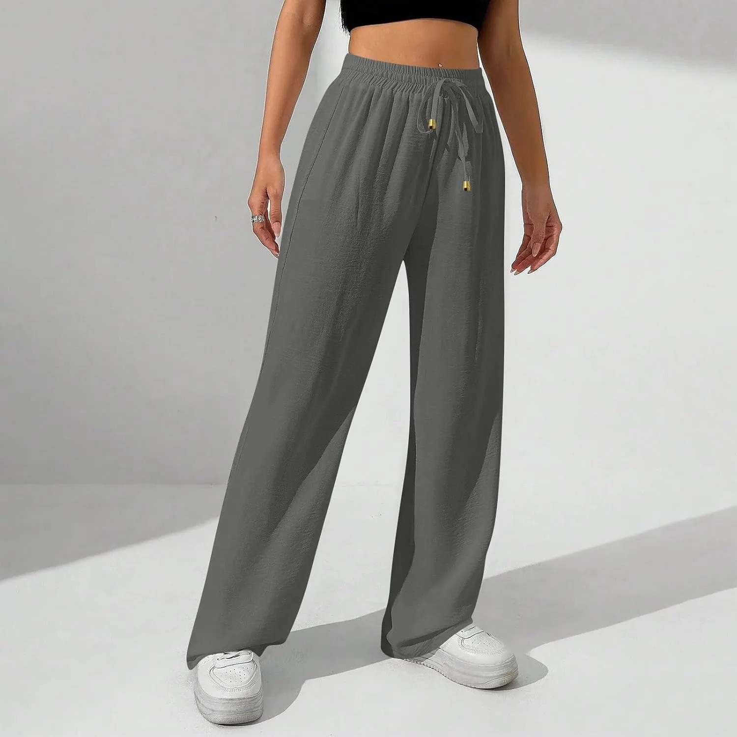 Wide Leg Pants Women Casual Linen Pants Drawstring Elastic Waist Summer Cute Pant Lounge Trouser with Pockets