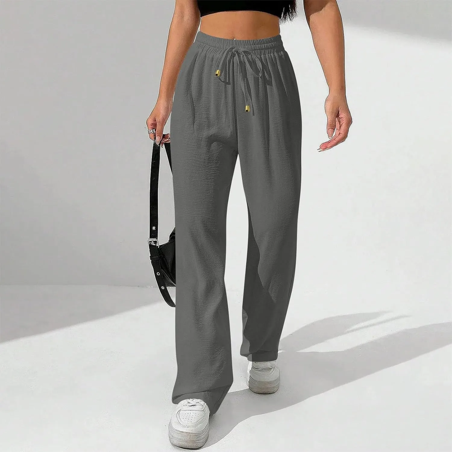 Wide Leg Pants Women Casual Linen Pants Drawstring Elastic Waist Summer Cute Pant Lounge Trouser with Pockets
