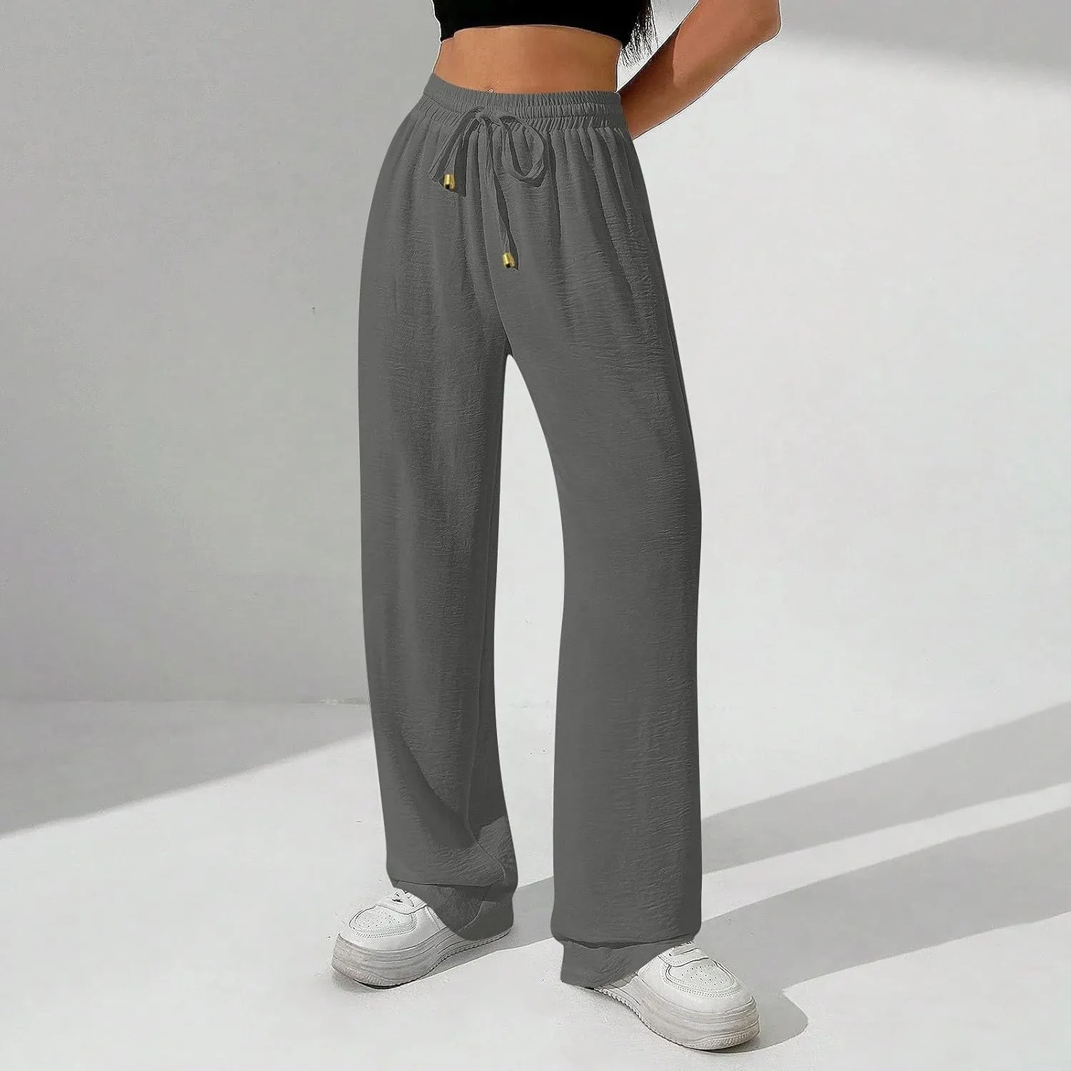 Wide Leg Pants Women Casual Linen Pants Drawstring Elastic Waist Summer Cute Pant Lounge Trouser with Pockets