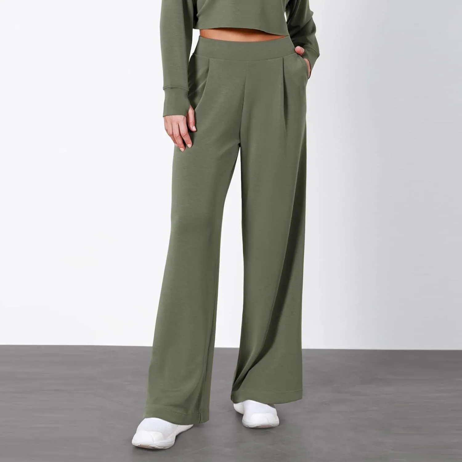 Wide Leg Stretchy Dress Pants for Women Pull On Casual Business Pants High Waisted Work Office Slacks with Pockets