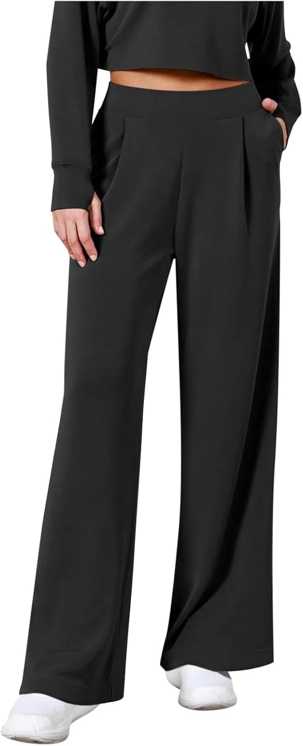 Wide Leg Stretchy Dress Pants for Women Pull On Casual Business Pants High Waisted Work Office Slacks with Pockets