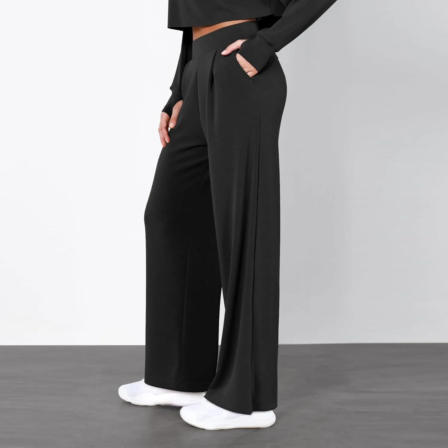 Wide Leg Stretchy Dress Pants for Women Pull On Casual Business Pants High Waisted Work Office Slacks with Pockets