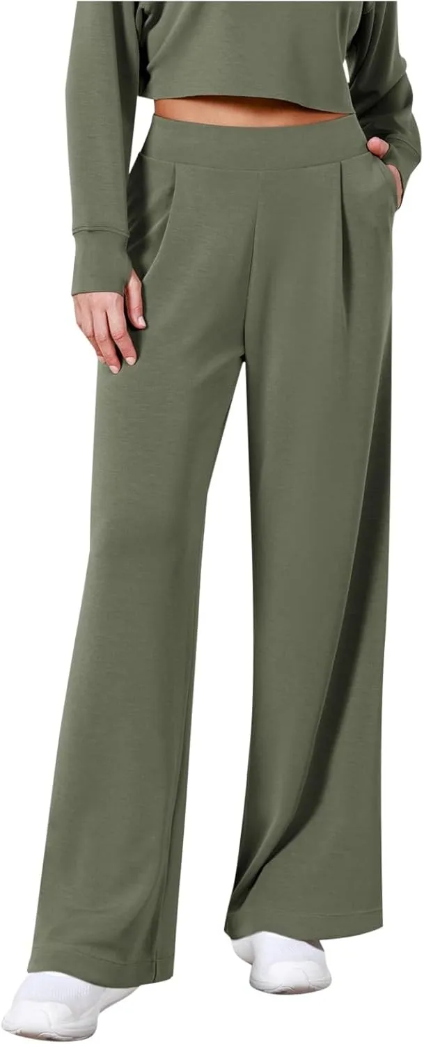 Wide Leg Stretchy Dress Pants for Women Pull On Casual Business Pants High Waisted Work Office Slacks with Pockets