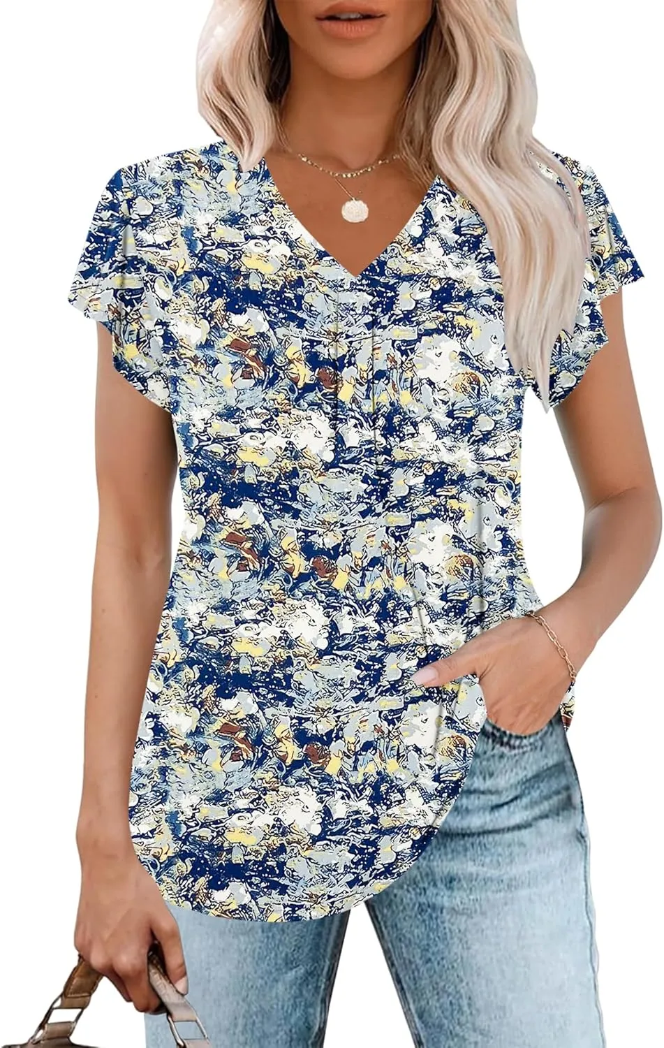 WNEEDU Women's Summer Tops Ruffle Sleeve V Neck Tunic Tops Casual Loose Fit Shirts Blouses