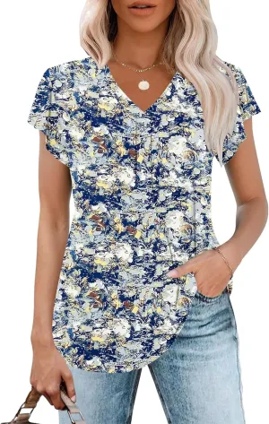 WNEEDU Women's Summer Tops Ruffle Sleeve V Neck Tunic Tops Casual Loose Fit Shirts Blouses