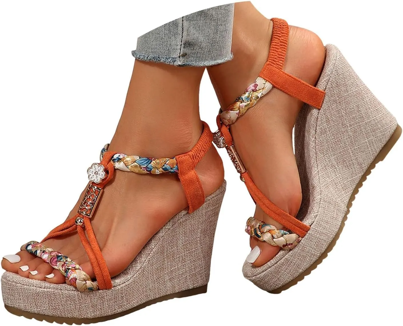 Woman Sandals Comfortable Casual Open Toes Wedges Sandals Braided Solid Color High Suede Buckle Prom Party Dress Shoes