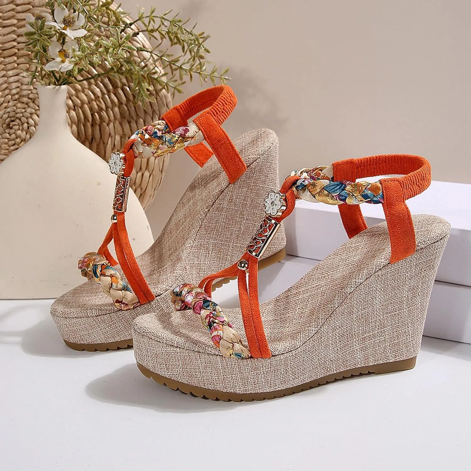 Woman Sandals Comfortable Casual Open Toes Wedges Sandals Braided Solid Color High Suede Buckle Prom Party Dress Shoes