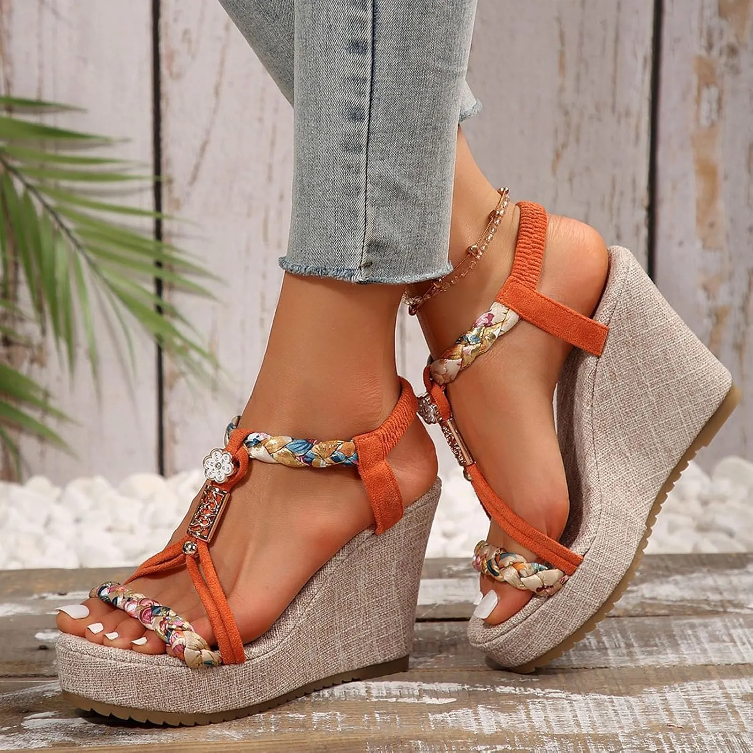Woman Sandals Comfortable Casual Open Toes Wedges Sandals Braided Solid Color High Suede Buckle Prom Party Dress Shoes
