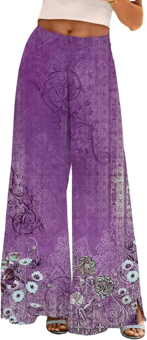 Women Boho Palazzo Wide Leg Pants 2025 Summer Flowy High Waist Casual Floral Lounge Beach Trousers for Vacation