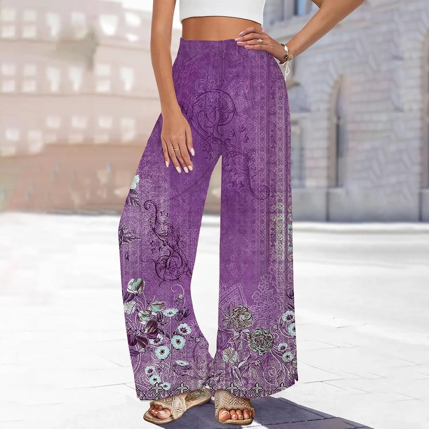 Women Boho Palazzo Wide Leg Pants 2025 Summer Flowy High Waist Casual Floral Lounge Beach Trousers for Vacation