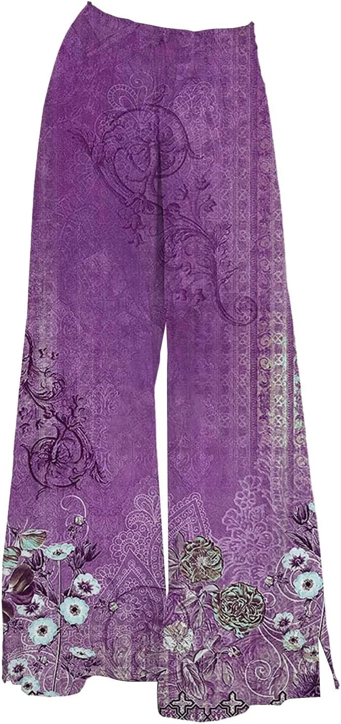 Women Boho Palazzo Wide Leg Pants 2025 Summer Flowy High Waist Casual Floral Lounge Beach Trousers for Vacation