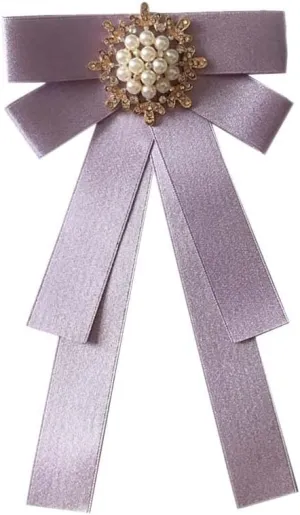 Women Elegant Pearl Ribbon Bow tie Brooches Pin Jewelry Pre-Tied Collar Neck Tie Clip for Lady Girls Wedding Party