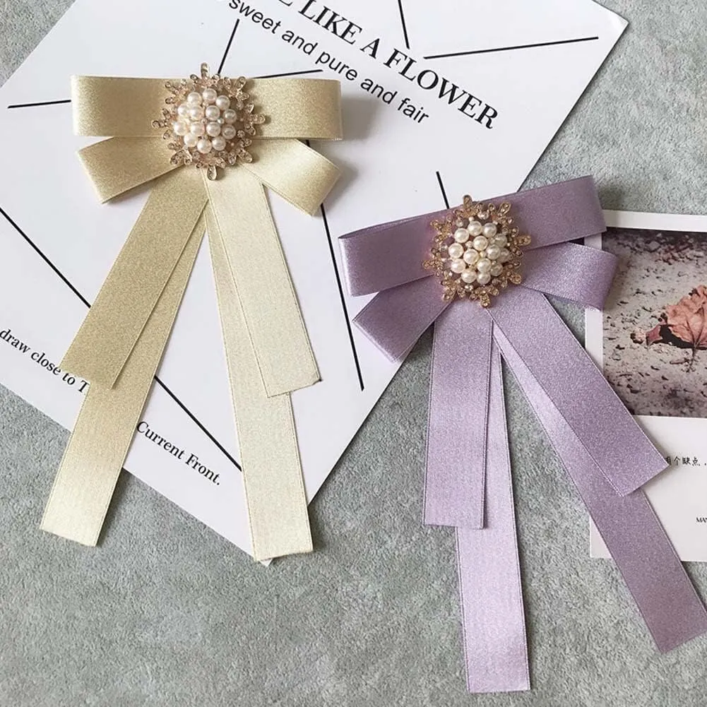 Women Elegant Pearl Ribbon Bow tie Brooches Pin Jewelry Pre-Tied Collar Neck Tie Clip for Lady Girls Wedding Party