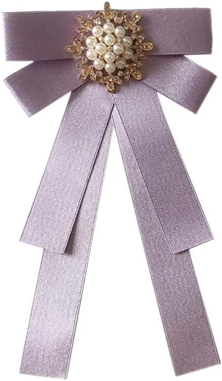 Women Elegant Pearl Ribbon Bow tie Brooches Pin Jewelry Pre-Tied Collar Neck Tie Clip for Lady Girls Wedding Party