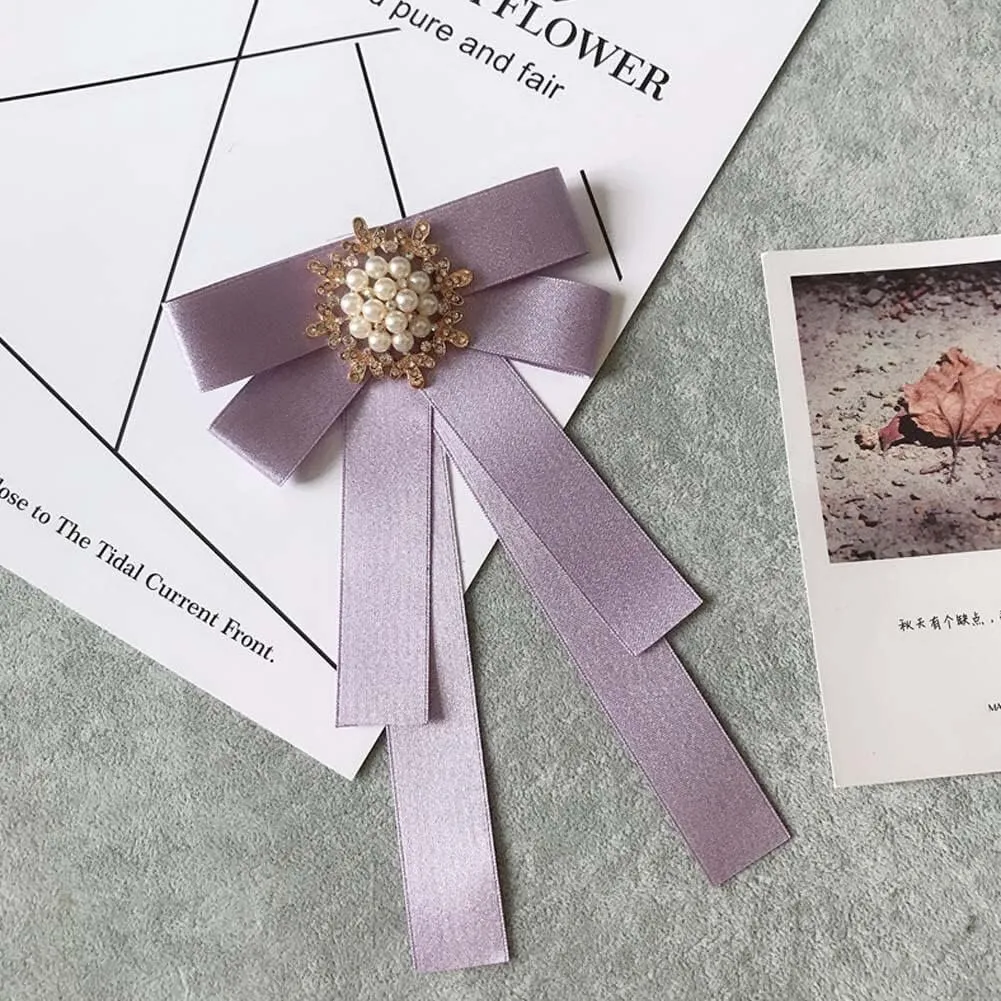 Women Elegant Pearl Ribbon Bow tie Brooches Pin Jewelry Pre-Tied Collar Neck Tie Clip for Lady Girls Wedding Party