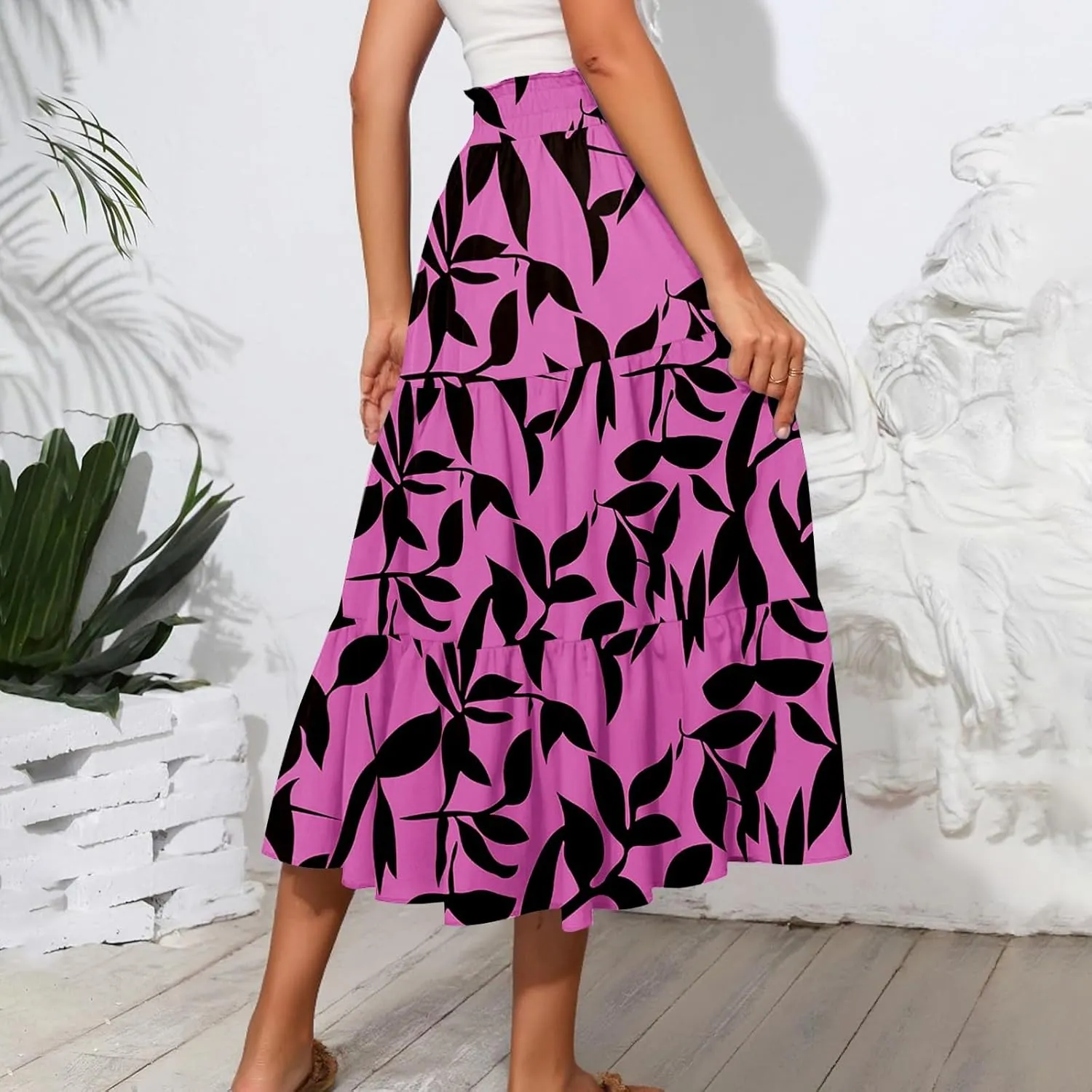 Women Floral Skirt A Line Tiered Pleated Flowy Midi Skirt with Pockets Casual Elastic High Waisted Boho Beach Skirts