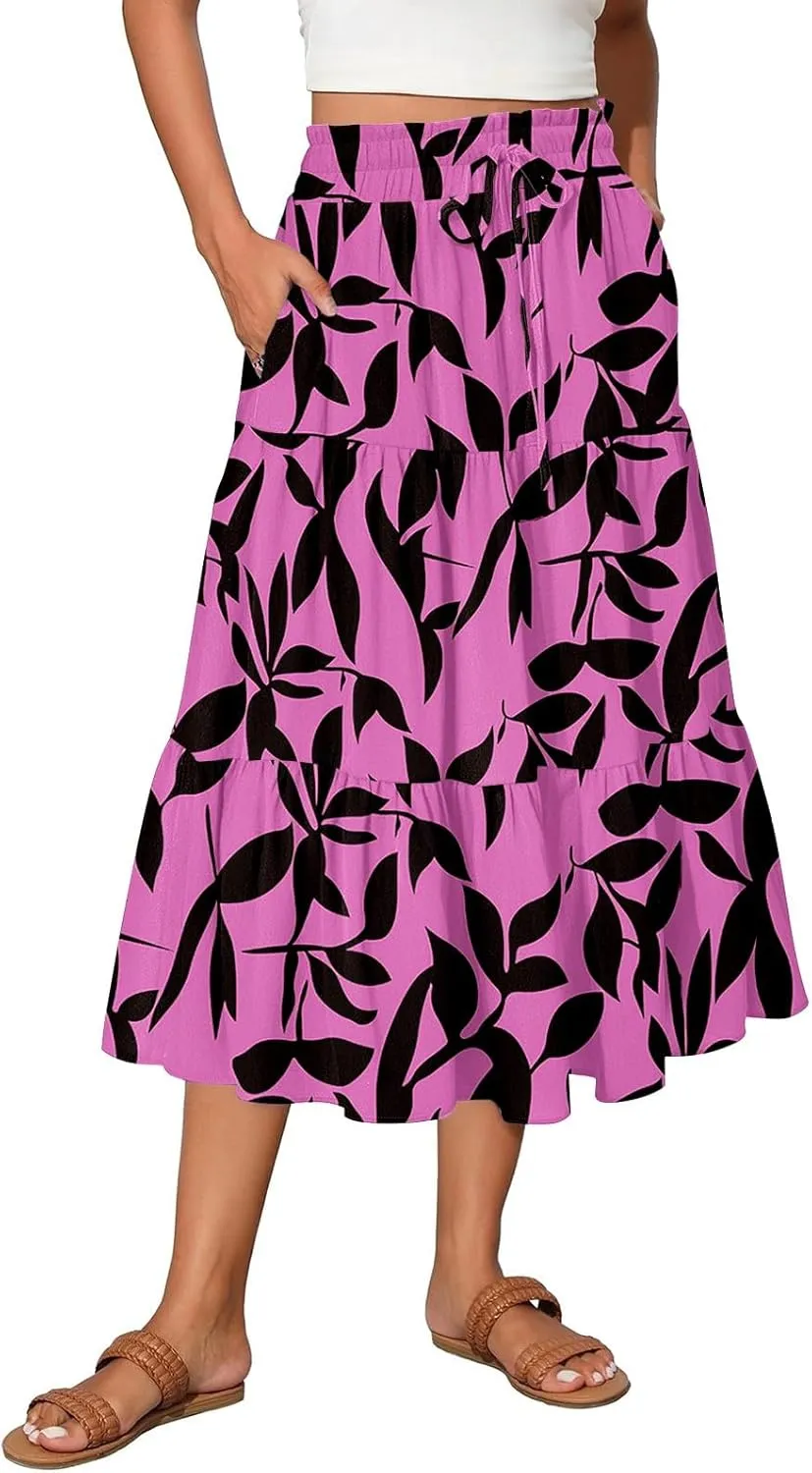 Women Floral Skirt A Line Tiered Pleated Flowy Midi Skirt with Pockets Casual Elastic High Waisted Boho Beach Skirts