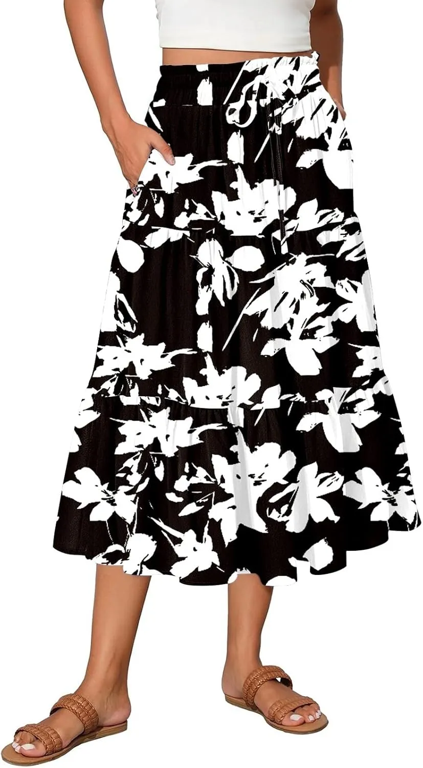 Women Floral Skirt A Line Tiered Pleated Flowy Midi Skirt with Pockets Casual Elastic High Waisted Boho Beach Skirts