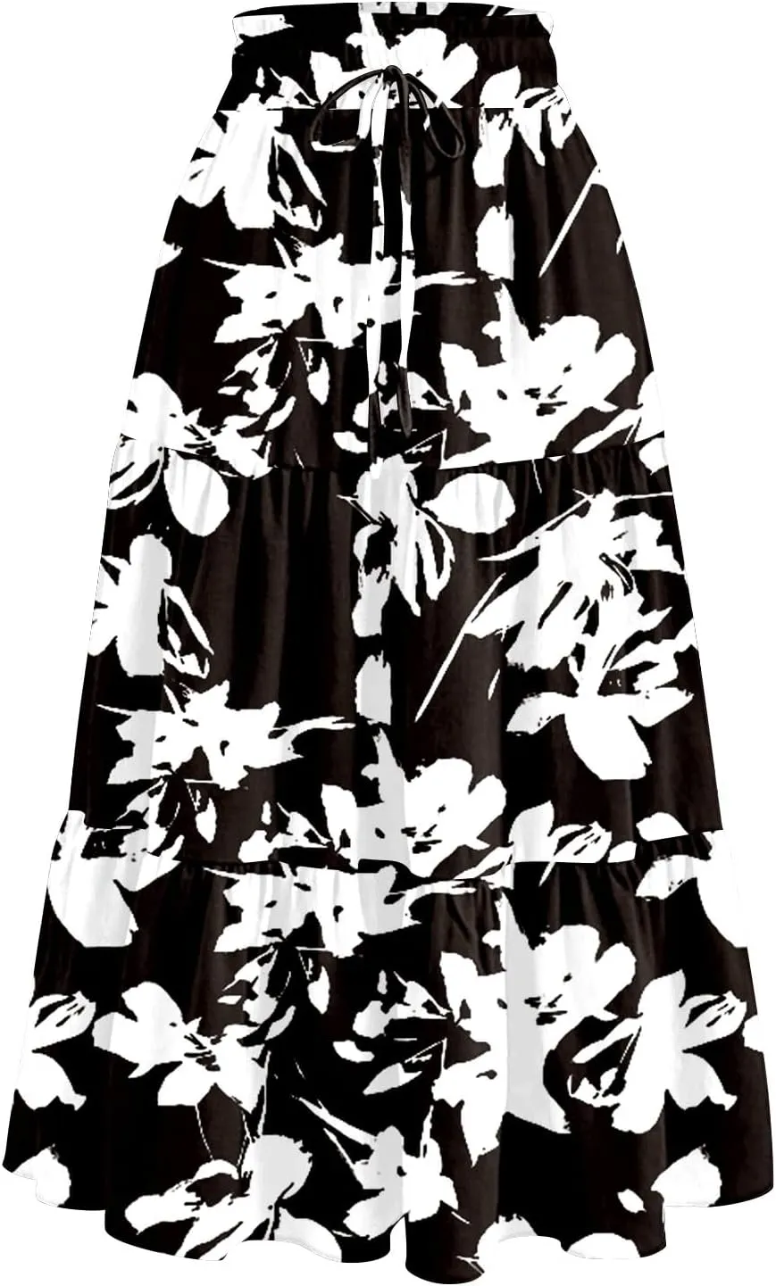 Women Floral Skirt A Line Tiered Pleated Flowy Midi Skirt with Pockets Casual Elastic High Waisted Boho Beach Skirts
