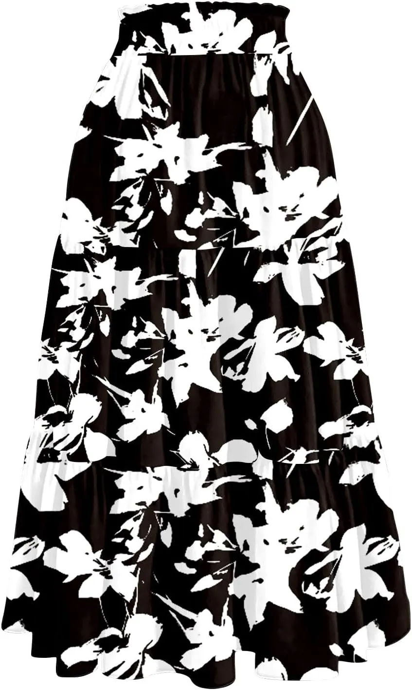 Women Floral Skirt A Line Tiered Pleated Flowy Midi Skirt with Pockets Casual Elastic High Waisted Boho Beach Skirts