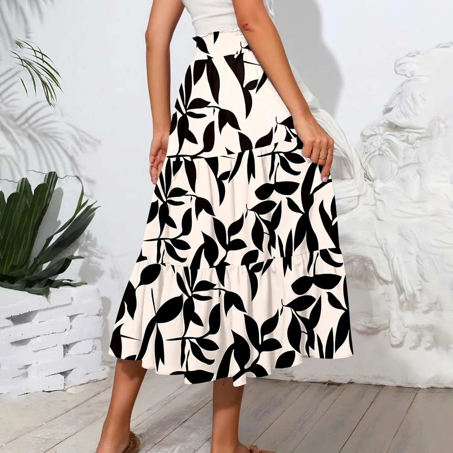 Women Floral Skirt A Line Tiered Pleated Flowy Midi Skirt with Pockets Casual Elastic High Waisted Boho Beach Skirts