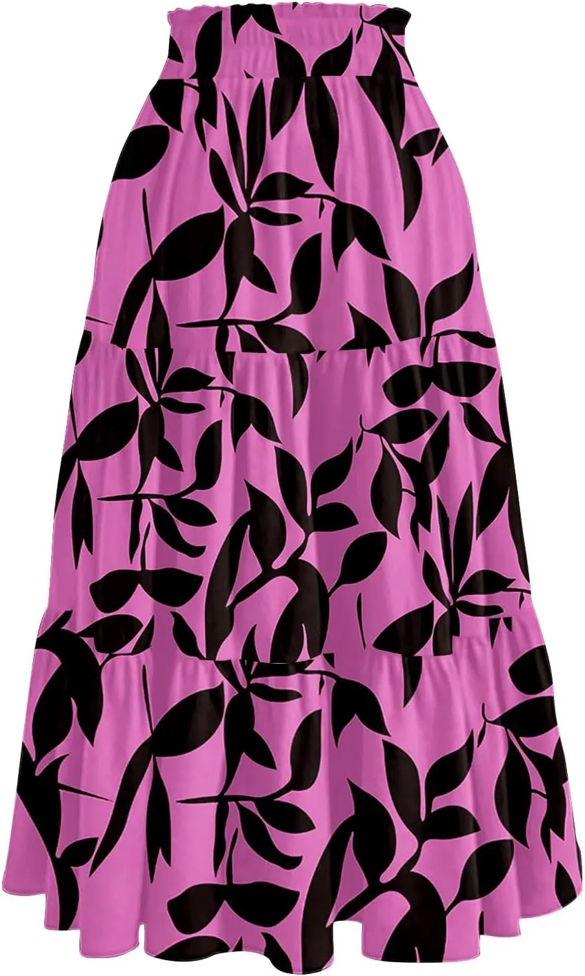 Women Floral Skirt A Line Tiered Pleated Flowy Midi Skirt with Pockets Casual Elastic High Waisted Boho Beach Skirts