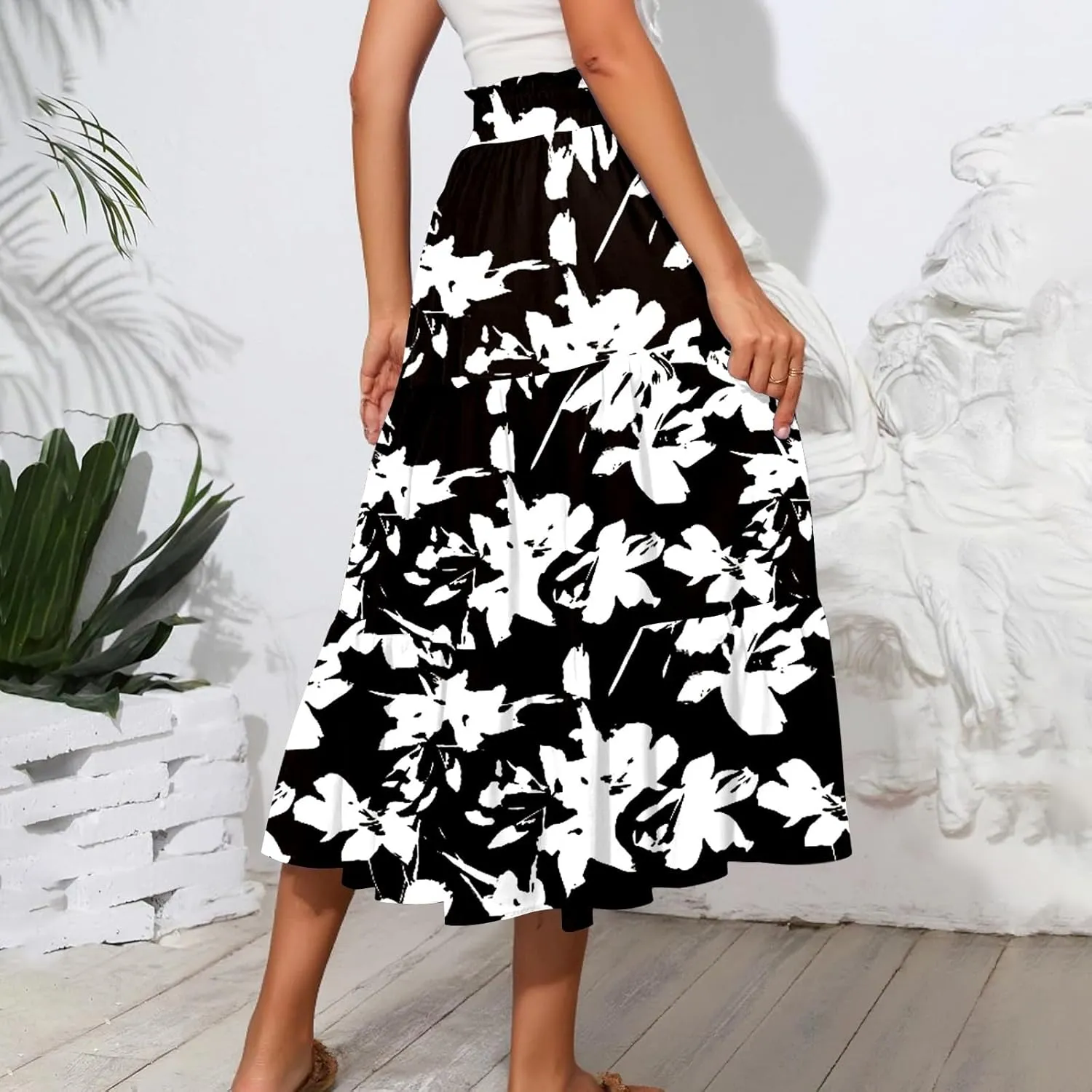 Women Floral Skirt A Line Tiered Pleated Flowy Midi Skirt with Pockets Casual Elastic High Waisted Boho Beach Skirts
