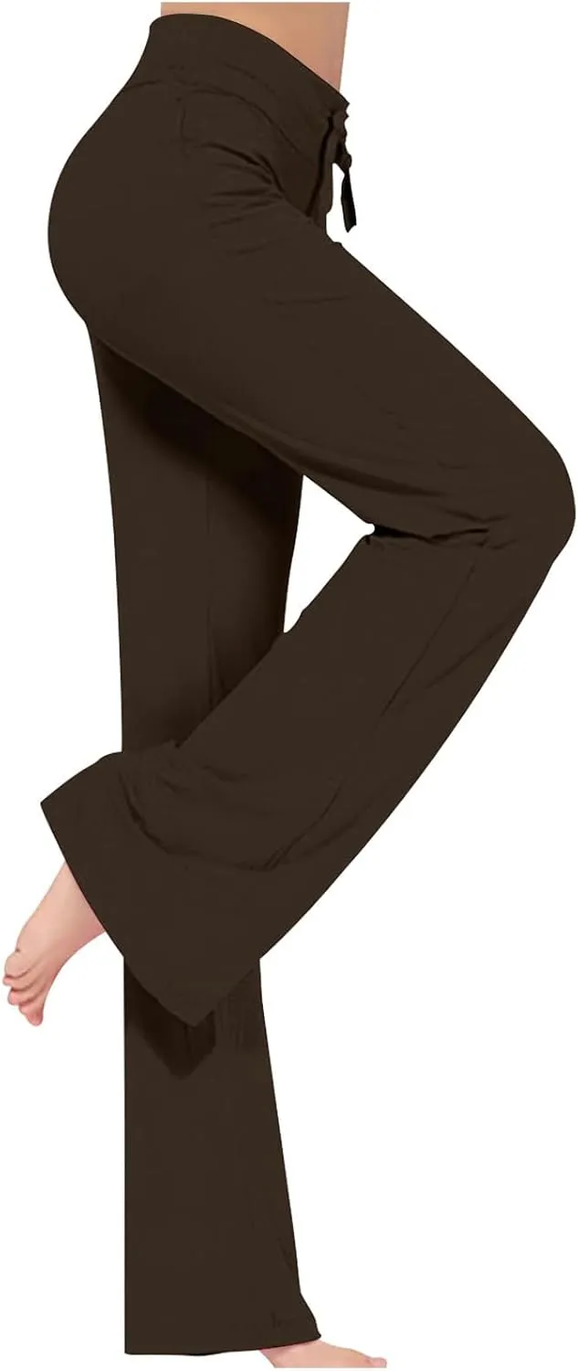 Women High Rise Yoga Leggings, Ladies Plus Size Loose Flare Trousers Drawstring Wide Leg Pants Stretchy Sweatpants