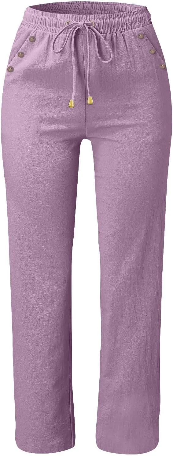 Women Linen Pants Casual Summer Drawstring Waist Lounge Pants Comfy Straight Leg Loose Button Trousers with Pockets