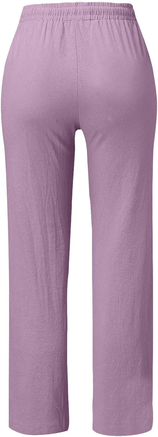 Women Linen Pants Casual Summer Drawstring Waist Lounge Pants Comfy Straight Leg Loose Button Trousers with Pockets
