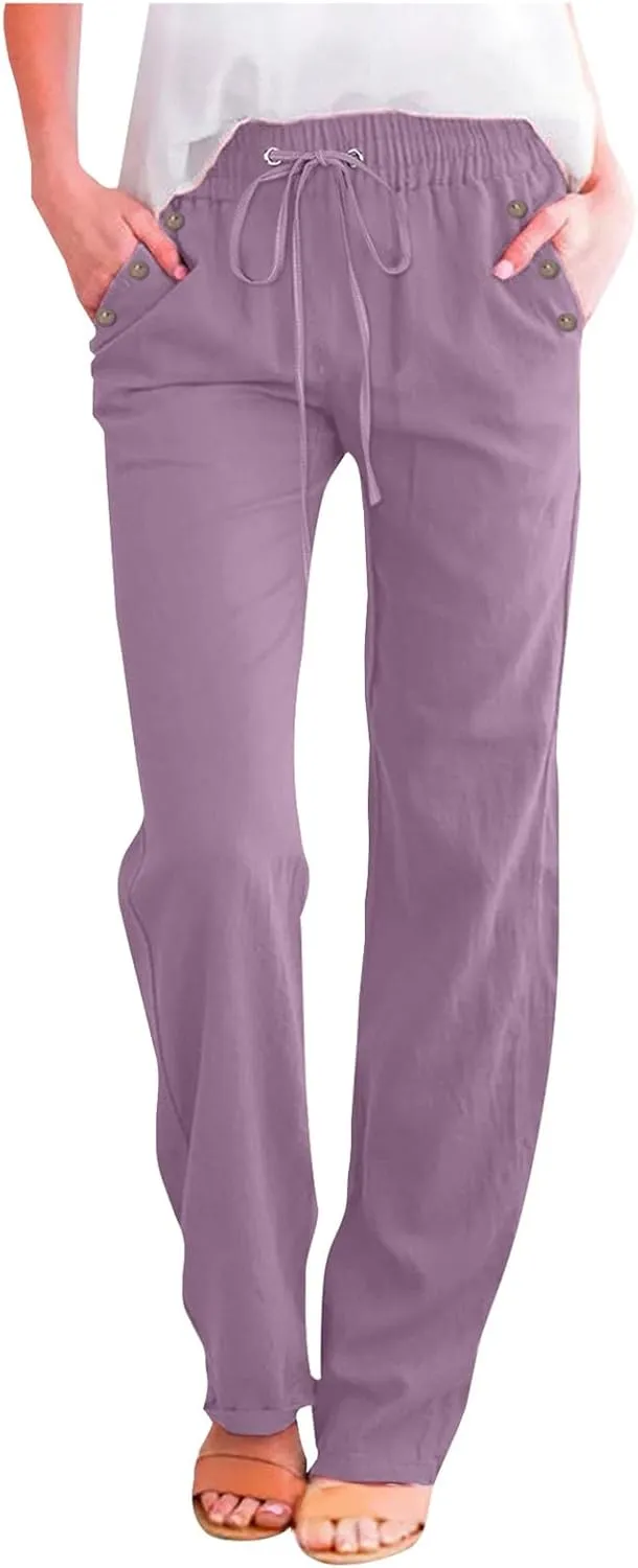 Women Linen Pants Casual Summer Drawstring Waist Lounge Pants Comfy Straight Leg Loose Button Trousers with Pockets
