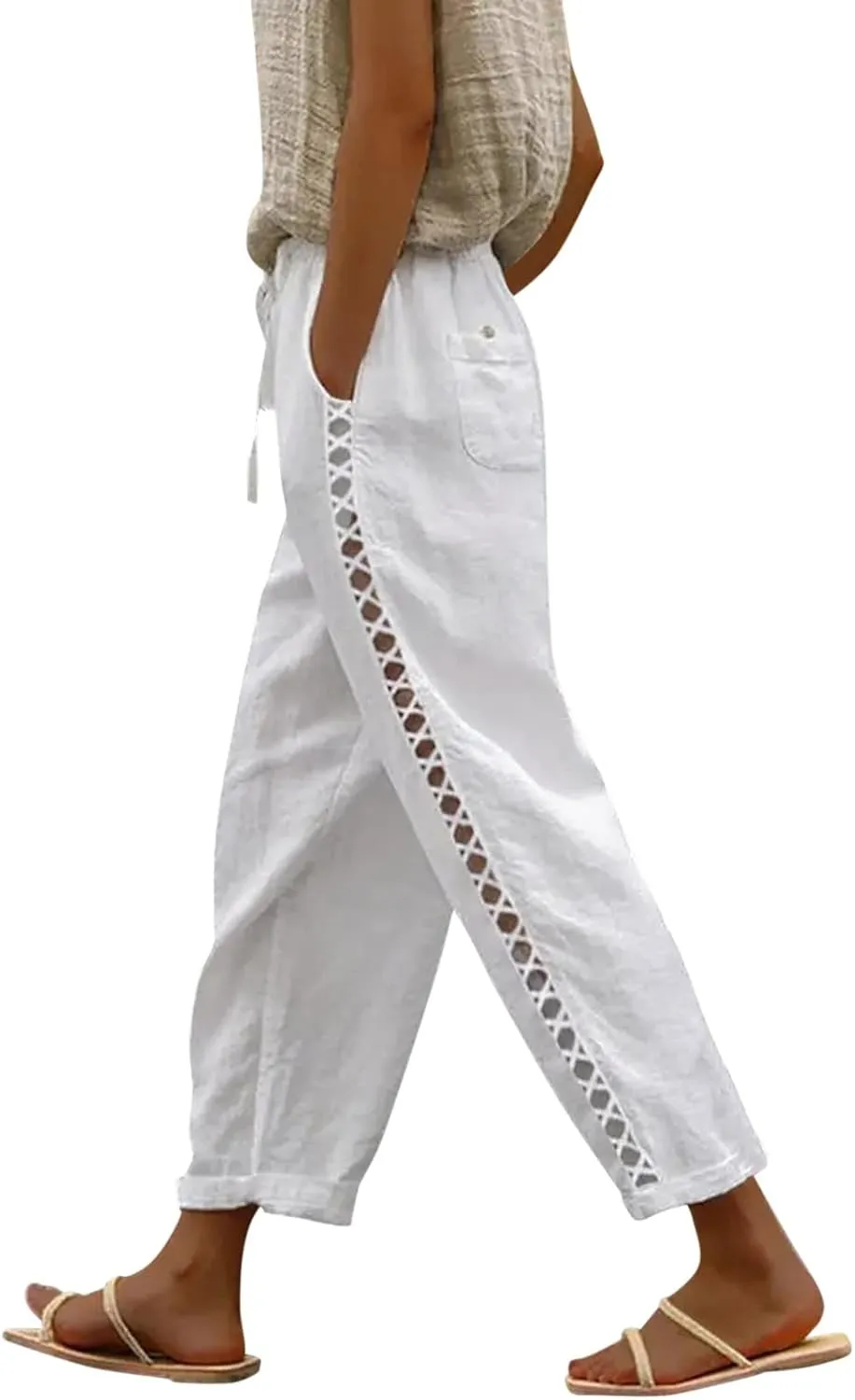 Women Linen Pants Lace Side Lightweight Casual Capri Pants Summer Drawstring Elastic Waist Beach Trousers with Pocket