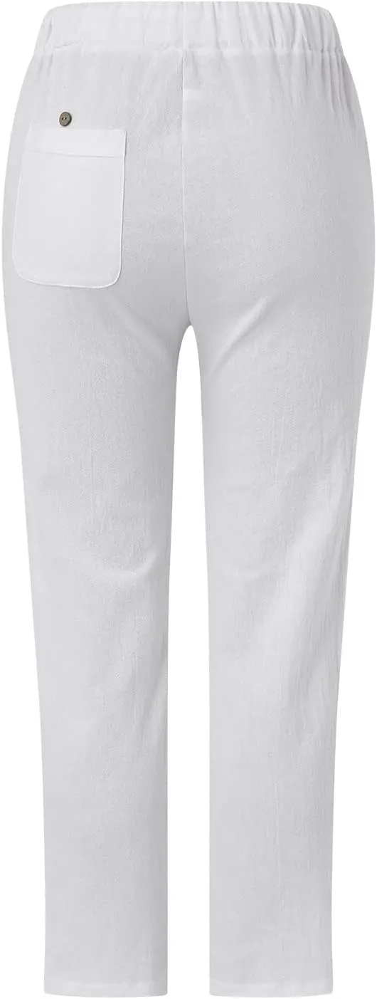Women Linen Pants Lace Side Lightweight Casual Capri Pants Summer Drawstring Elastic Waist Beach Trousers with Pocket