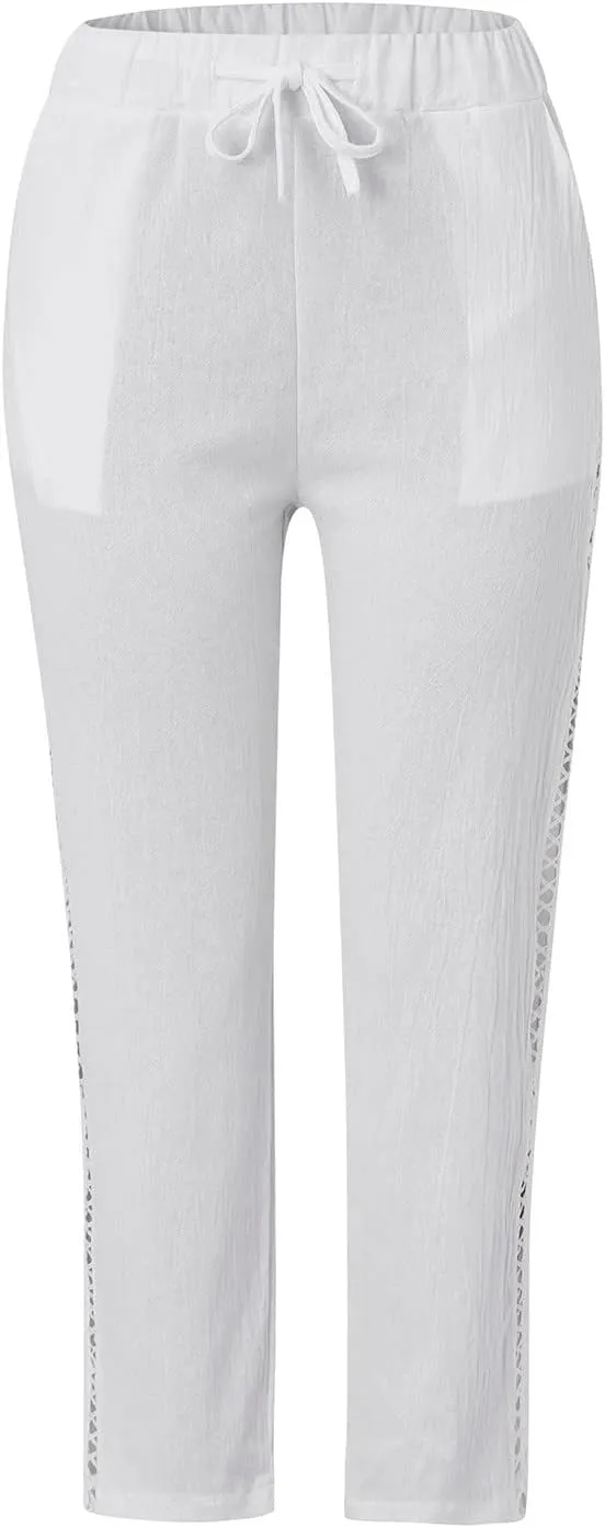Women Linen Pants Lace Side Lightweight Casual Capri Pants Summer Drawstring Elastic Waist Beach Trousers with Pocket