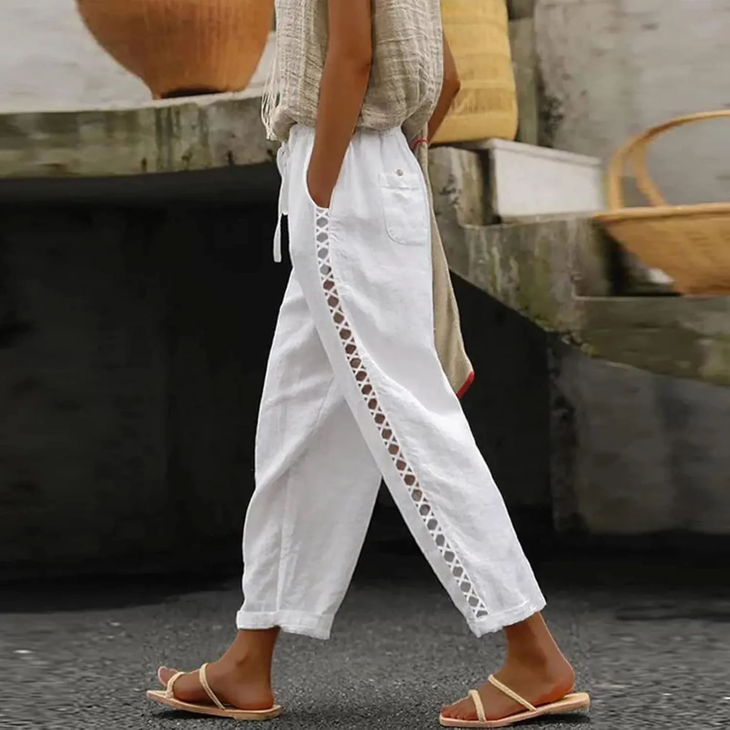Women Linen Pants Lace Side Lightweight Casual Capri Pants Summer Drawstring Elastic Waist Beach Trousers with Pocket