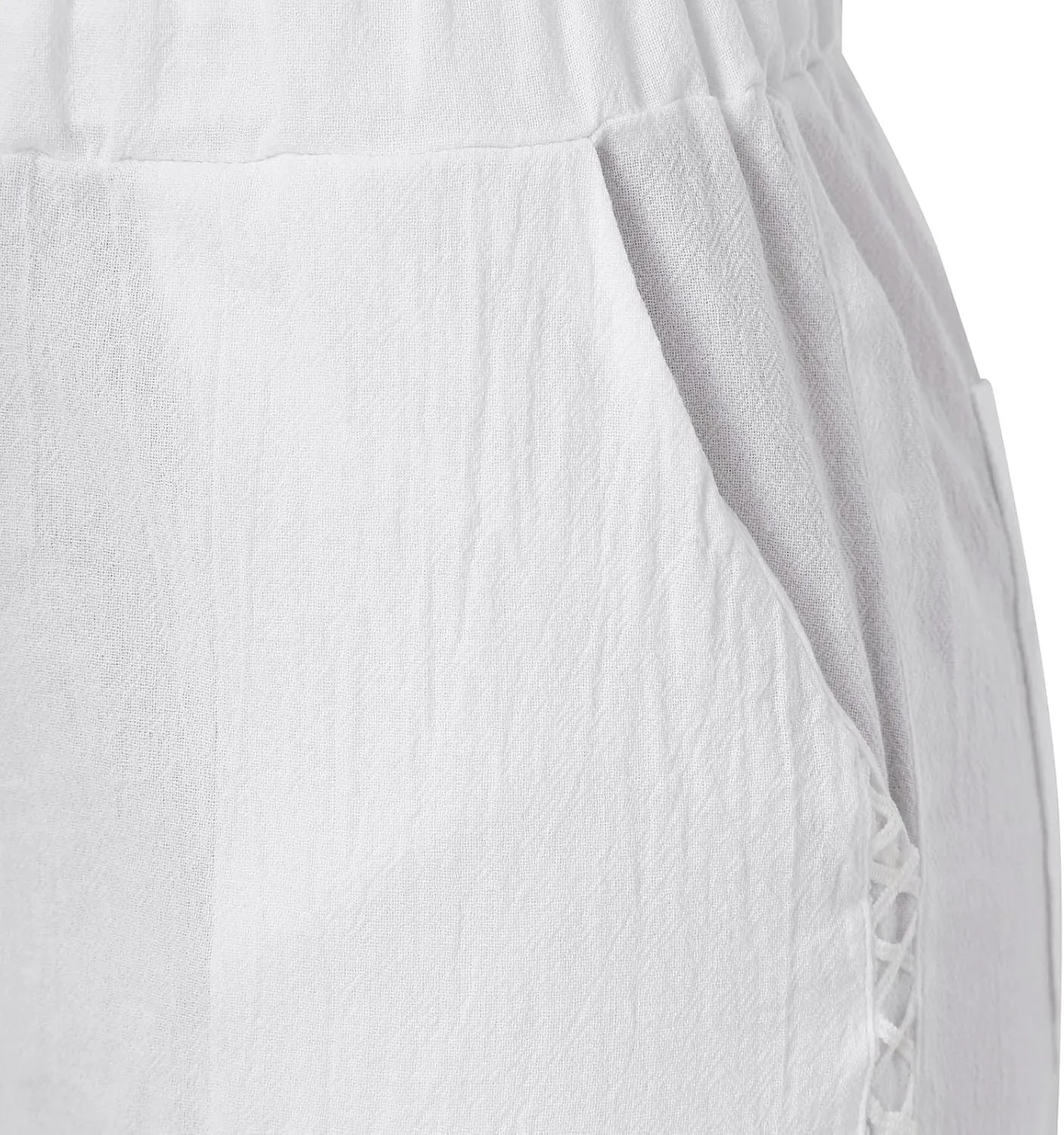 Women Linen Pants Lace Side Lightweight Casual Capri Pants Summer Drawstring Elastic Waist Beach Trousers with Pocket