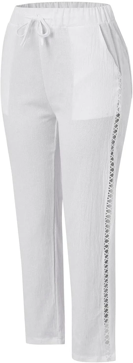 Women Linen Pants Lace Side Lightweight Casual Capri Pants Summer Drawstring Elastic Waist Beach Trousers with Pocket
