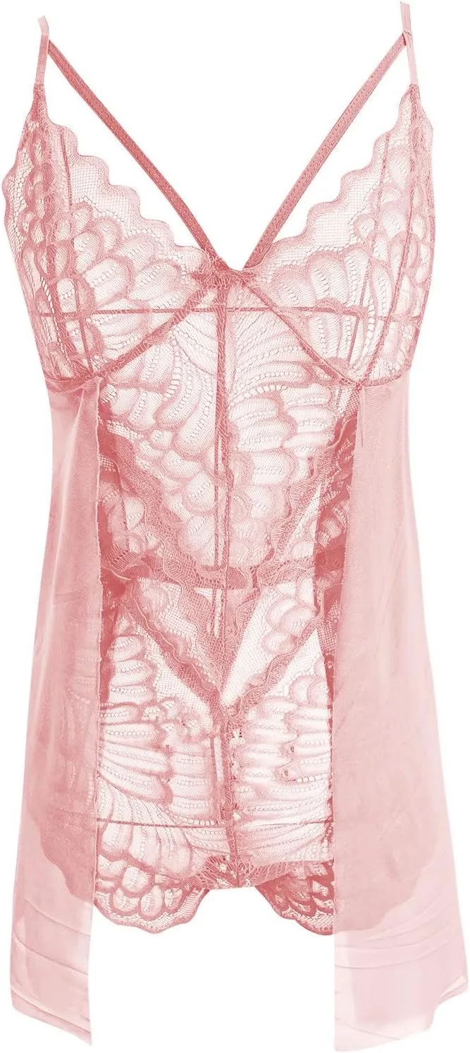 Women Lingerie for Women Floral Snap Crotch Teddy Chemise Nightie Lace Nightgown Silk Nighties for Women Plus (Pink, XL)