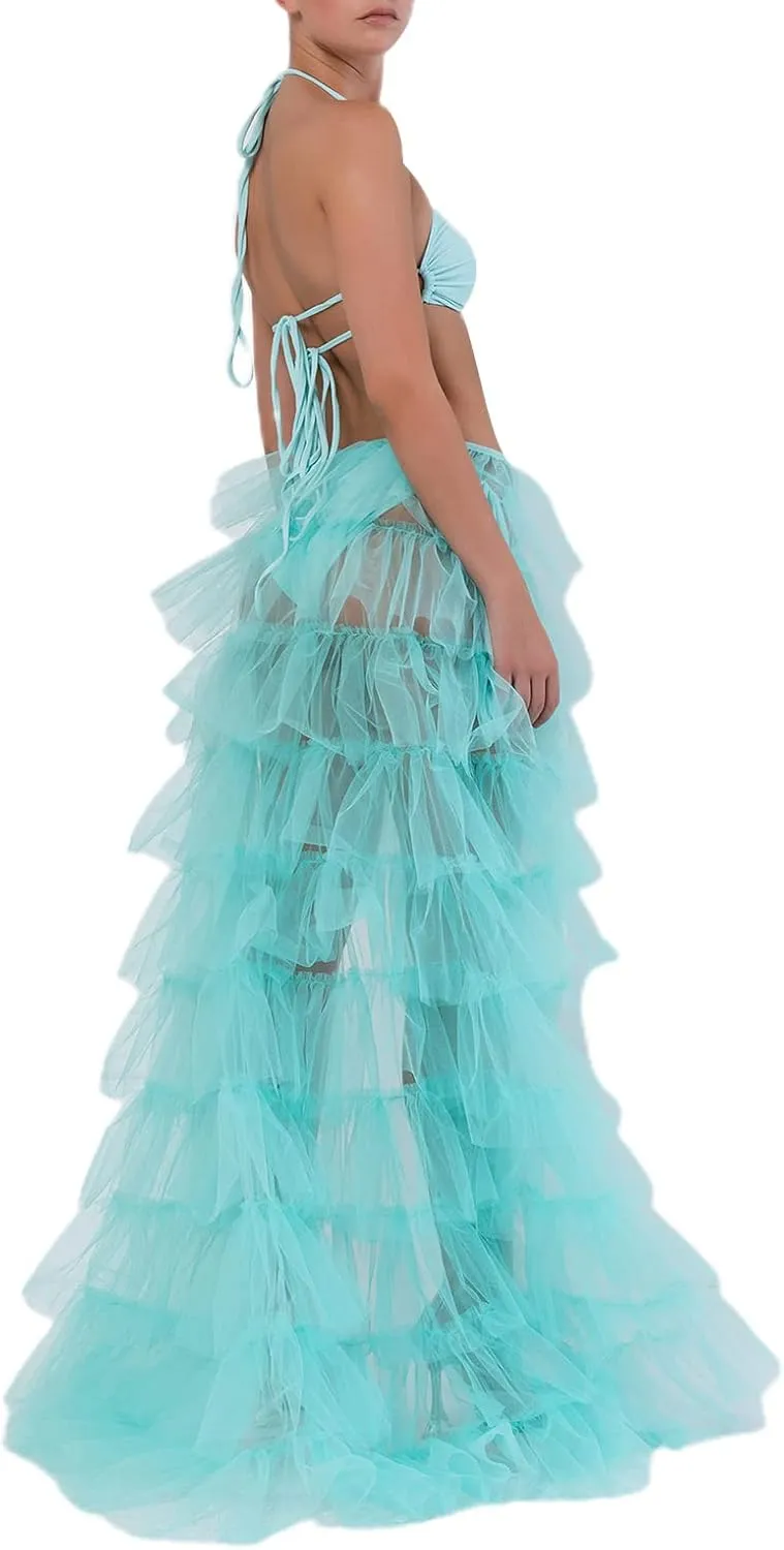 Women Long High Low Ruffles Tulle Skirt Solid Color Mesh Tied-Up Irregular Floor-Length Party Train Overskirt Cover Ups