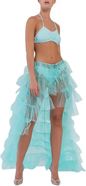 Women Long High Low Ruffles Tulle Skirt Solid Color Mesh Tied-Up Irregular Floor-Length Party Train Overskirt Cover Ups