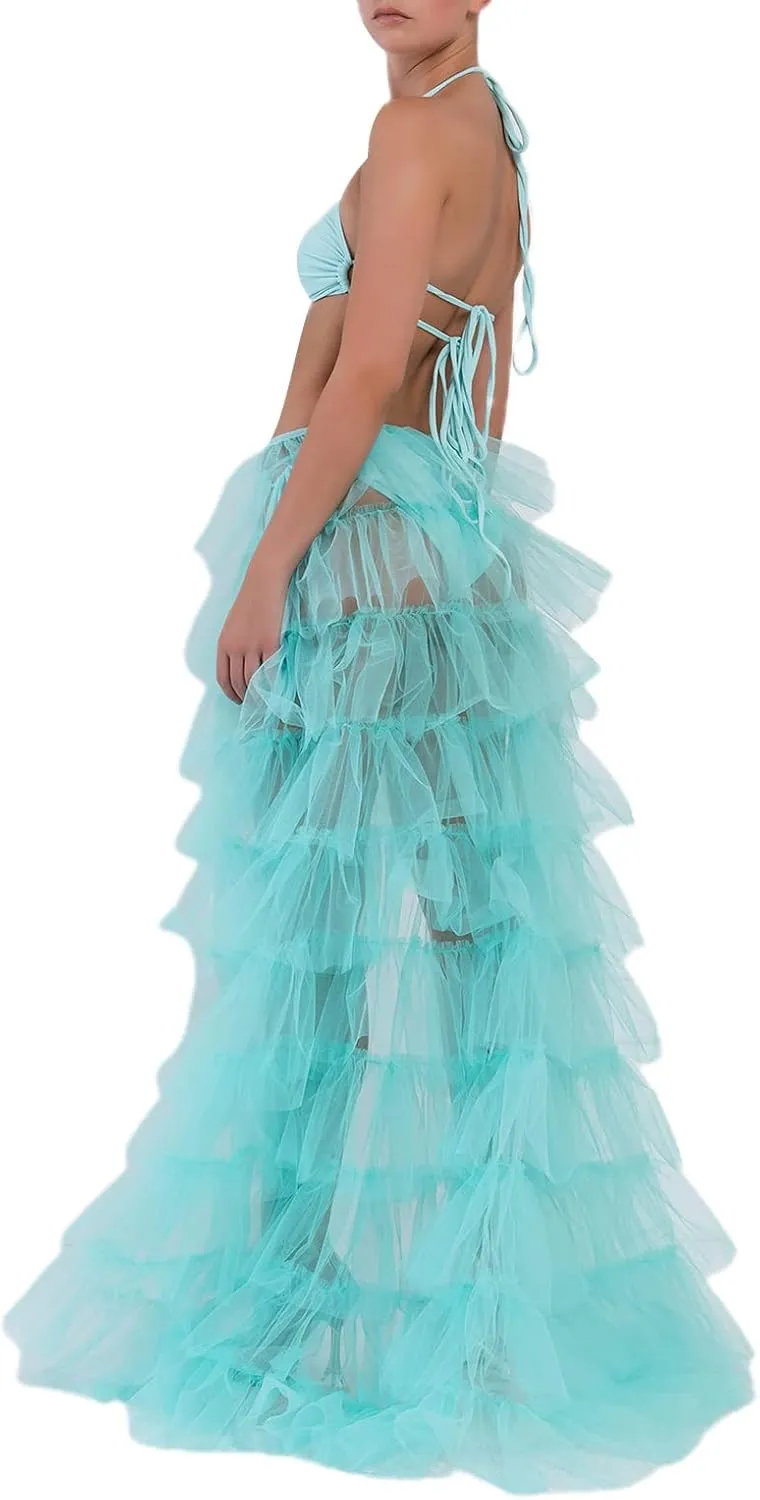 Women Long High Low Ruffles Tulle Skirt Solid Color Mesh Tied-Up Irregular Floor-Length Party Train Overskirt Cover Ups