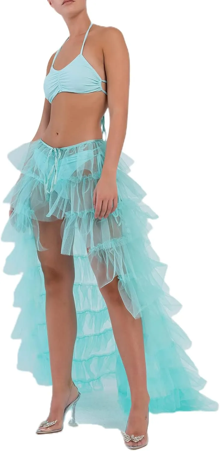 Women Long High Low Ruffles Tulle Skirt Solid Color Mesh Tied-Up Irregular Floor-Length Party Train Overskirt Cover Ups
