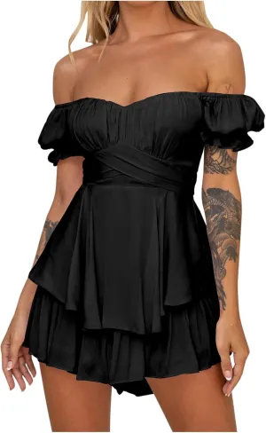 Women Off The Shoulder Mini Dresses Sexy Strapless Ruffle Hem Flowy Sundress Hawaiian Beach Vacation Dresses Fairy Dresses