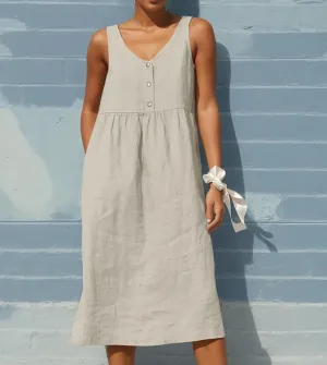 Women Sleeveless Linen Midi Dress Summer Casual V Neck Button Flowy Sun Dress Loose Beach Vacation Shift Dress