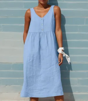 Women Sleeveless Linen Midi Dress Summer Casual V Neck Button Flowy Sun Dress Loose Beach Vacation Shift Dress
