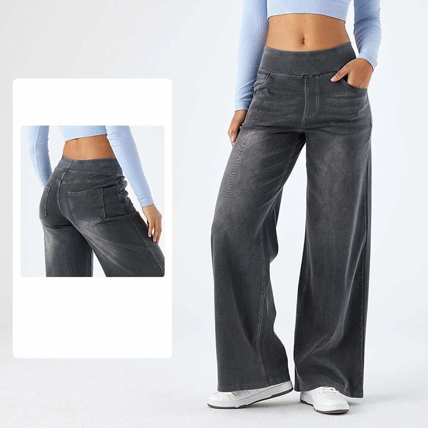 Women Sweatpant Look Like Jeans High Waisted Wide Leg Denim Pants with Pocket Stretchy 2025 Trendy Work Casual Pant