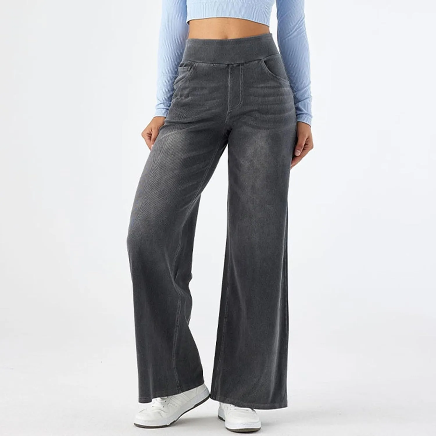 Women Sweatpant Look Like Jeans High Waisted Wide Leg Denim Pants with Pocket Stretchy 2025 Trendy Work Casual Pant
