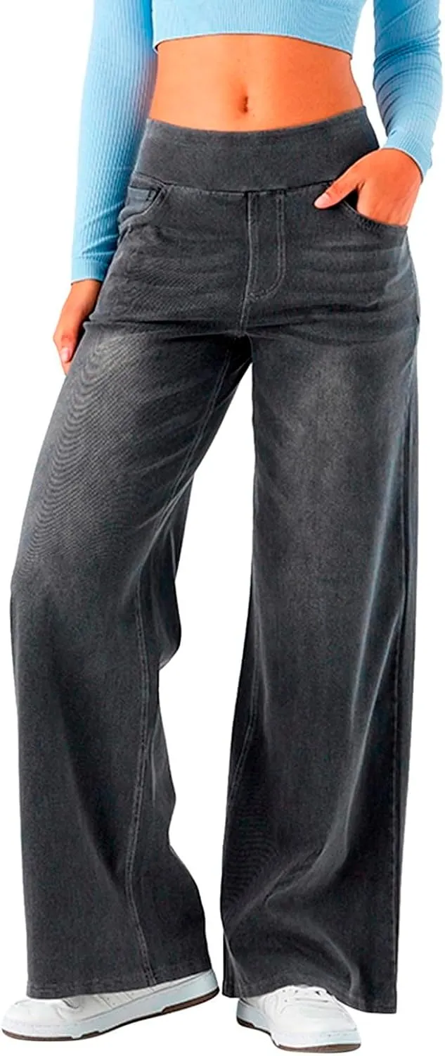 Women Sweatpant Look Like Jeans High Waisted Wide Leg Denim Pants with Pocket Stretchy 2025 Trendy Work Casual Pant