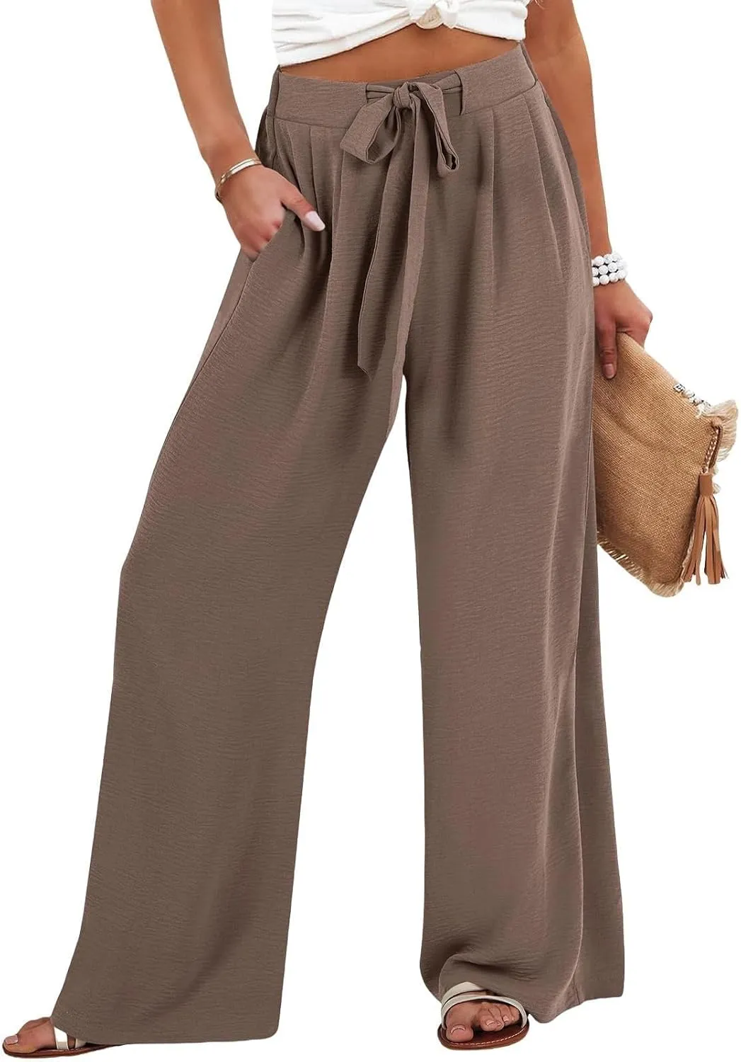 Women Wide Leg Linen Pants 2025 Tie Knot Summer High Waisted Palazzo Pants Flowy Beach Travel Trousers with Pockets